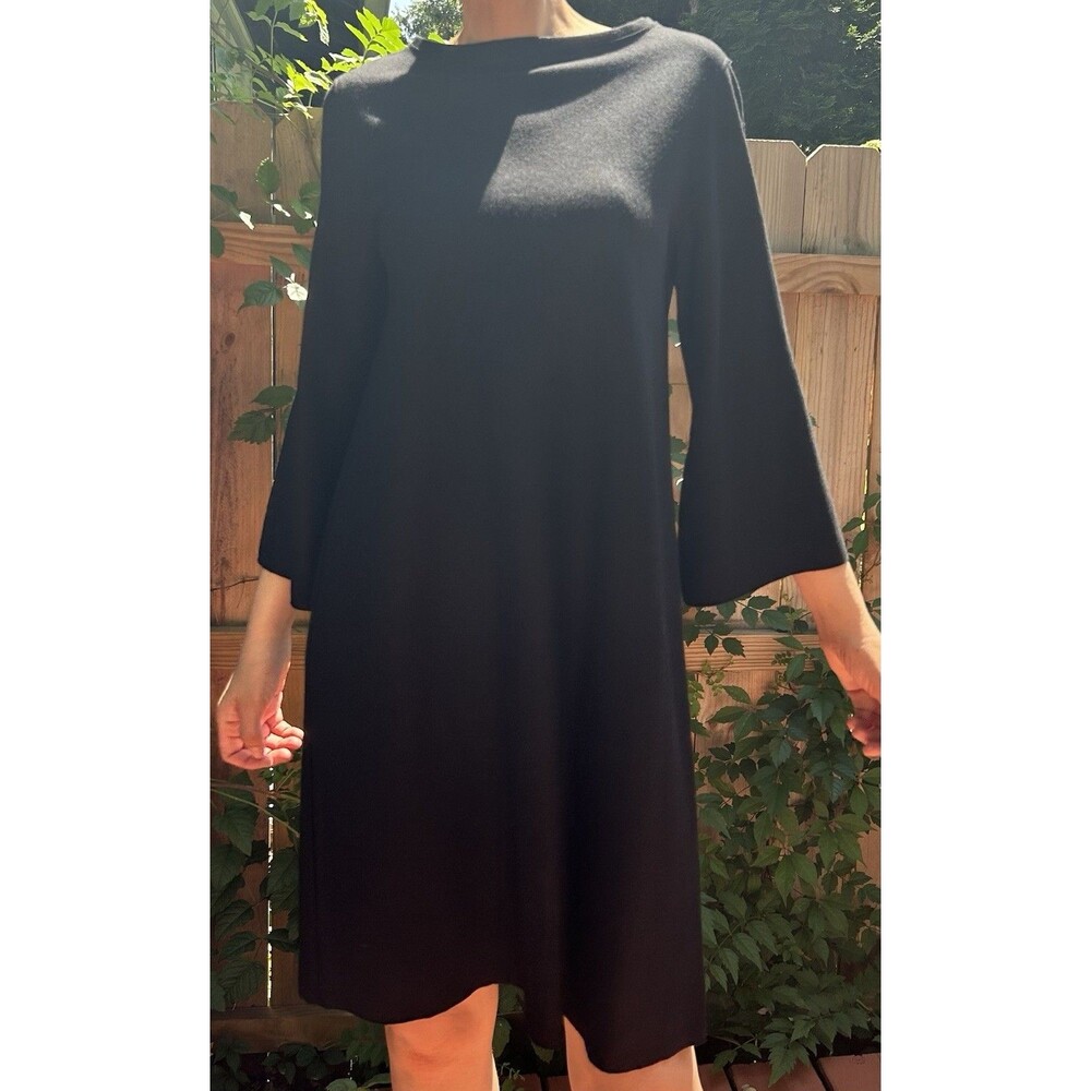 Eileen Fisher 100% Wool Jersey Bell Sleeve Shift Dress Small Lagenlook Luxury